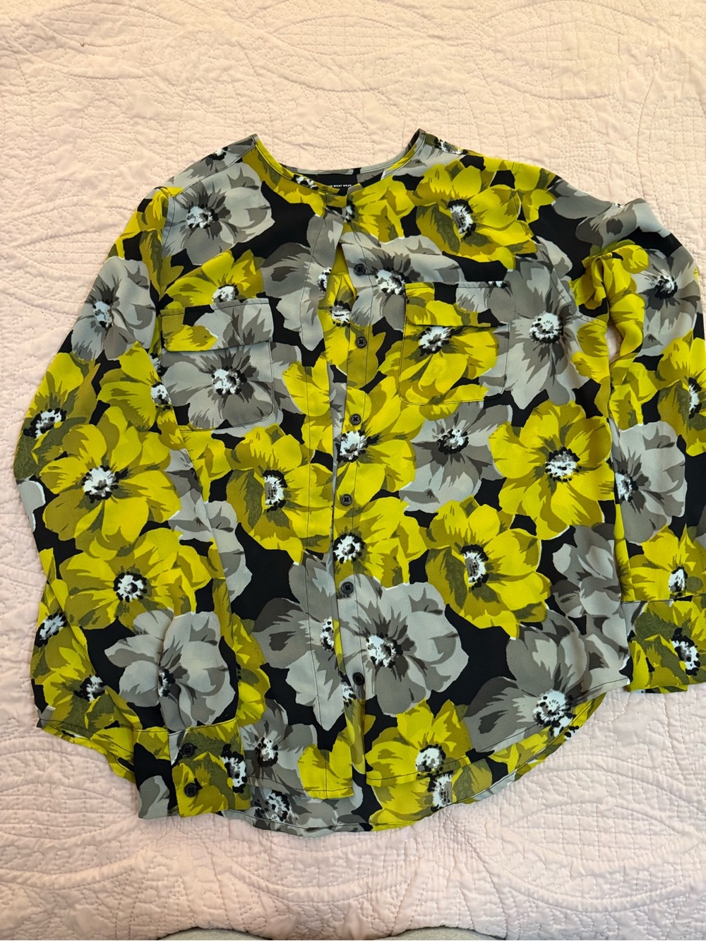 Who What Wear Mustard Yellow Floral Top with Gray & Black Accents